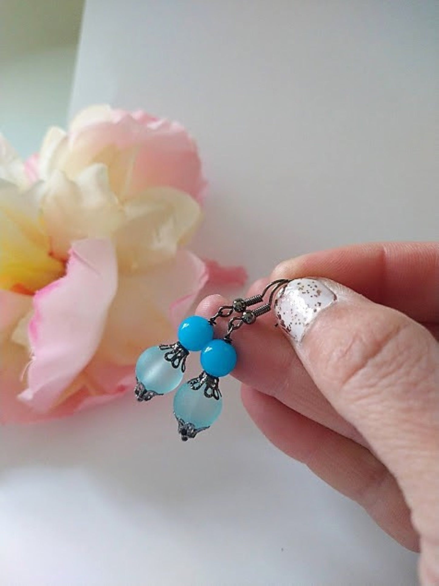 Blue Glass Dangle Earrings: Gunmetal Gray Bridal Jewelry