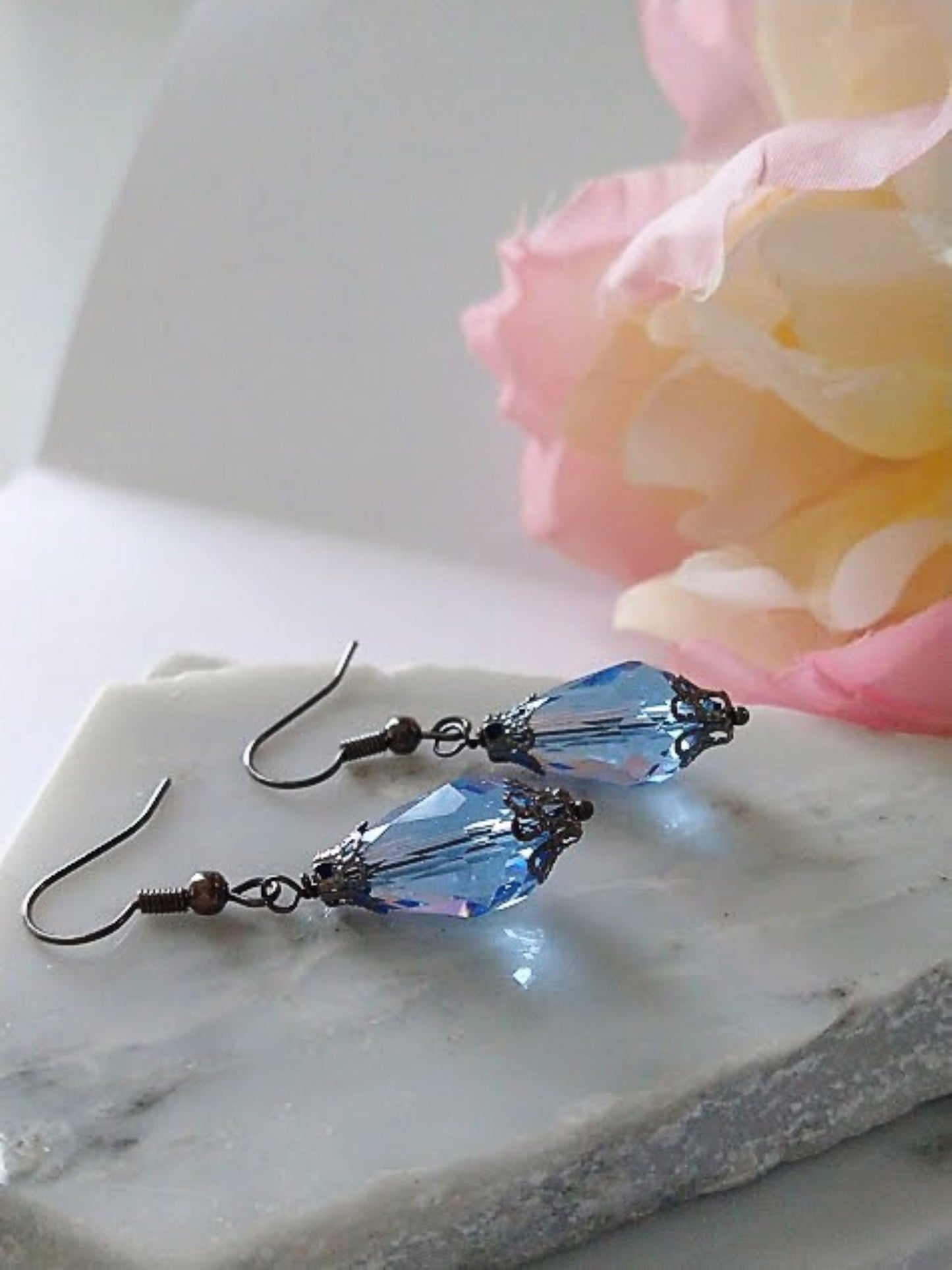 Blue Teardrop Dangle Earrings: Gunmetal Gray, Hypoallergenic