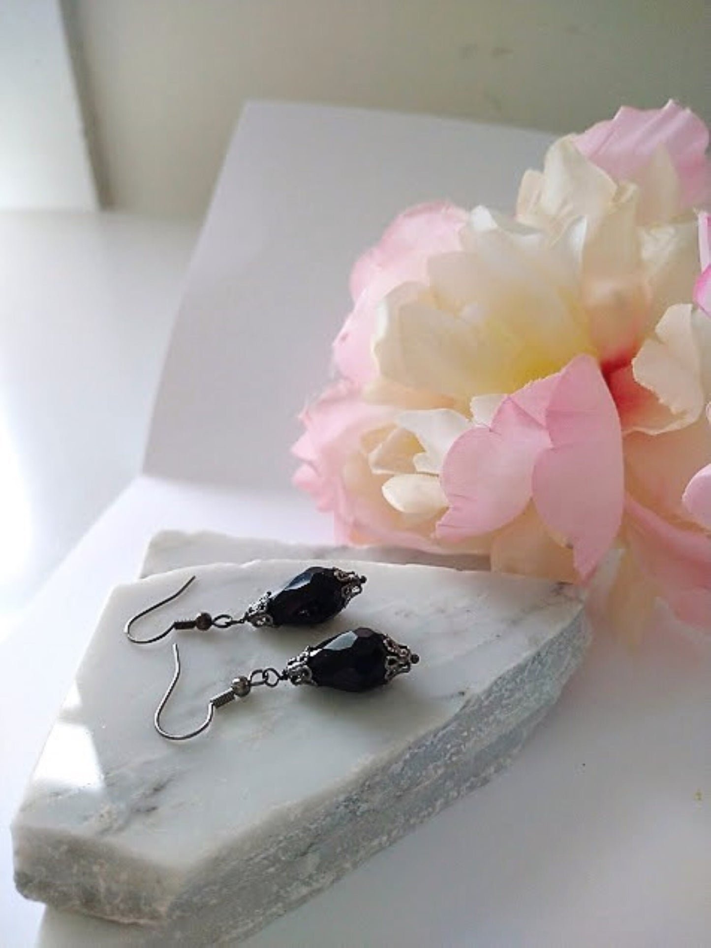 Black Teardrop Glass Dangle Earrings: Gunmetal Gray, Hypoallergenic