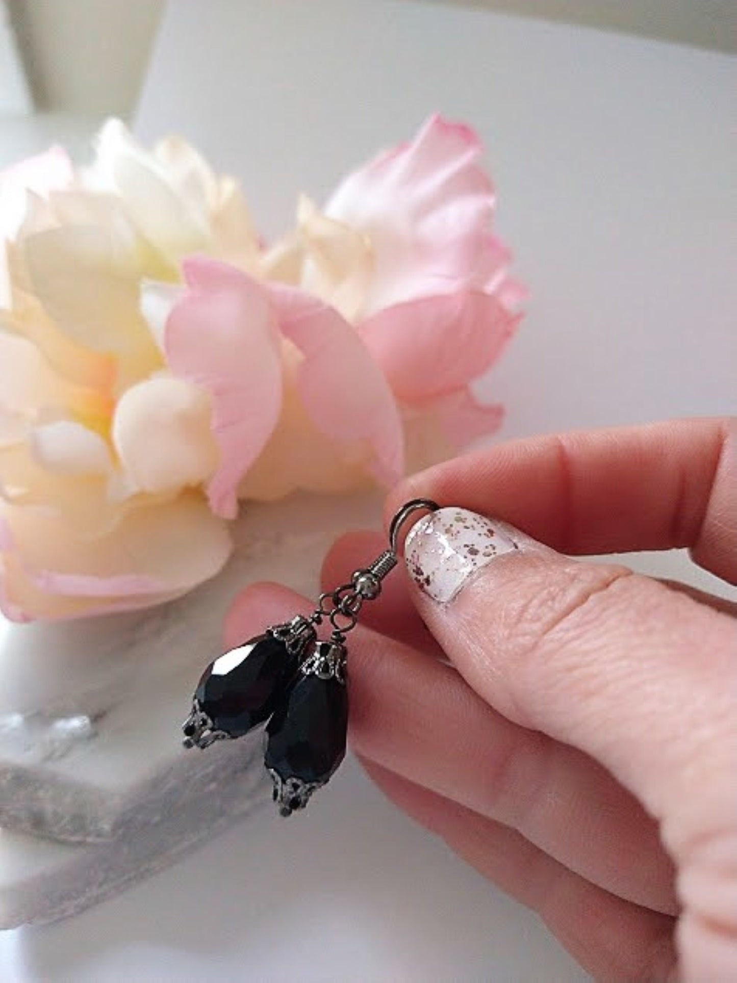Black Teardrop Glass Dangle Earrings: Gunmetal Gray, Hypoallergenic