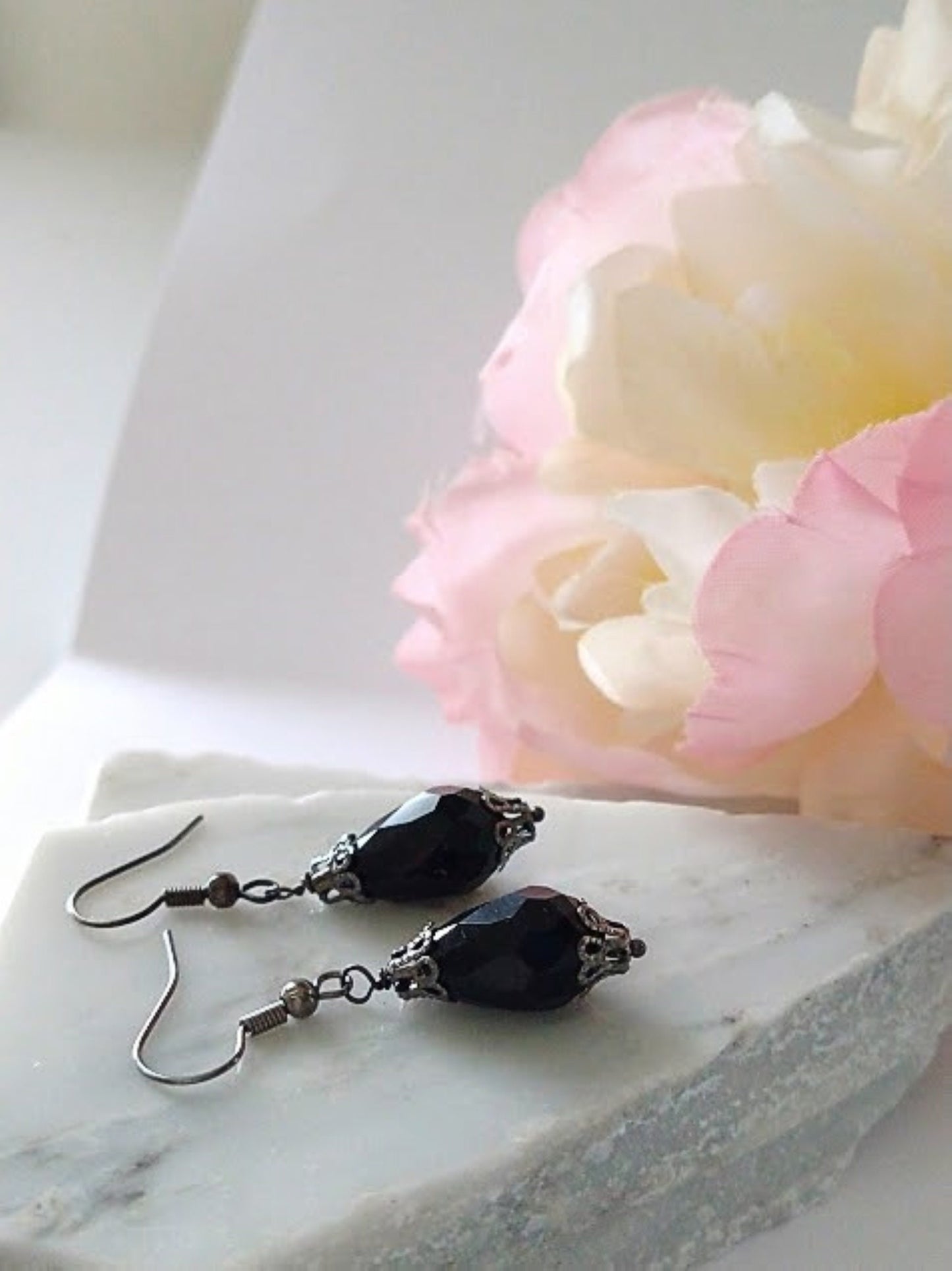 Black Teardrop Glass Dangle Earrings: Gunmetal Gray, Hypoallergenic