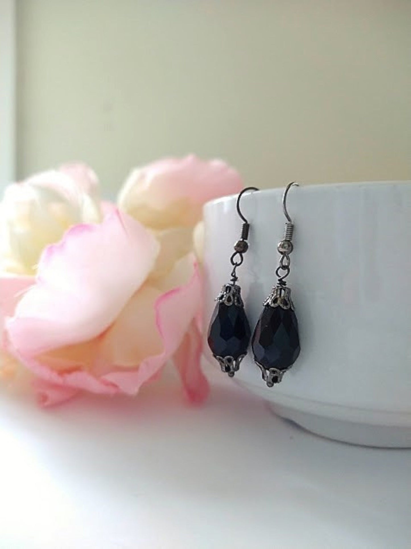Black Teardrop Glass Dangle Earrings: Gunmetal Gray, Hypoallergenic