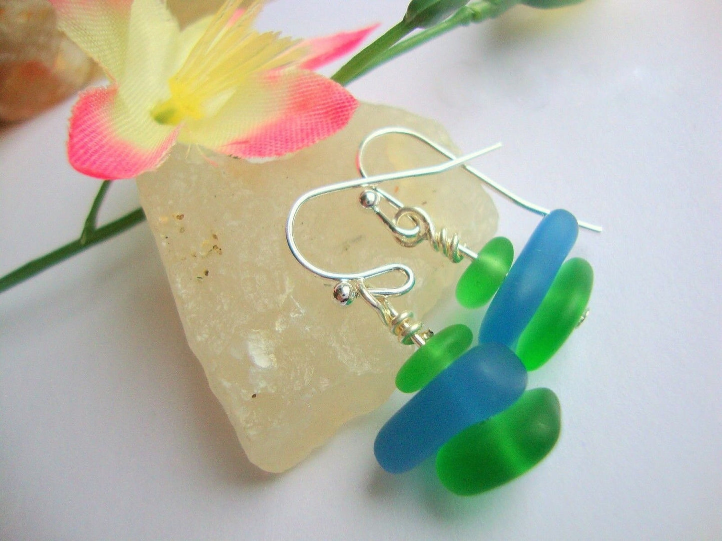 Frosted Sea Glass Dangle Earrings: Sterling Silver Beach Jewelry