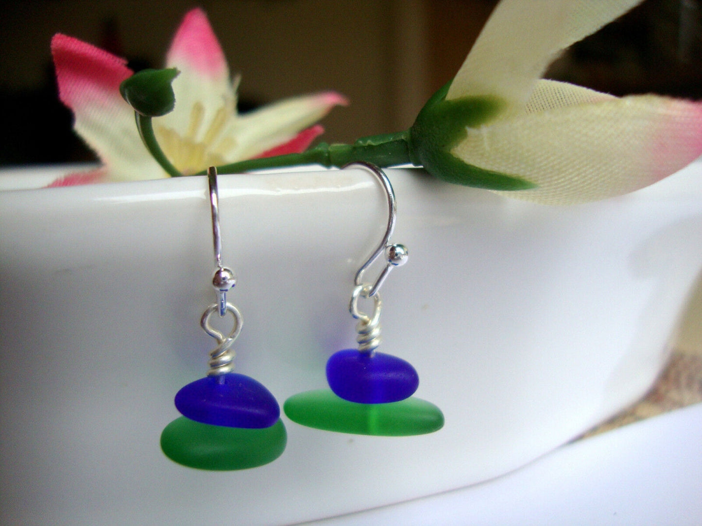 Blue Green Sea Glass Earrings: Sterling Silver Beach Jewelry