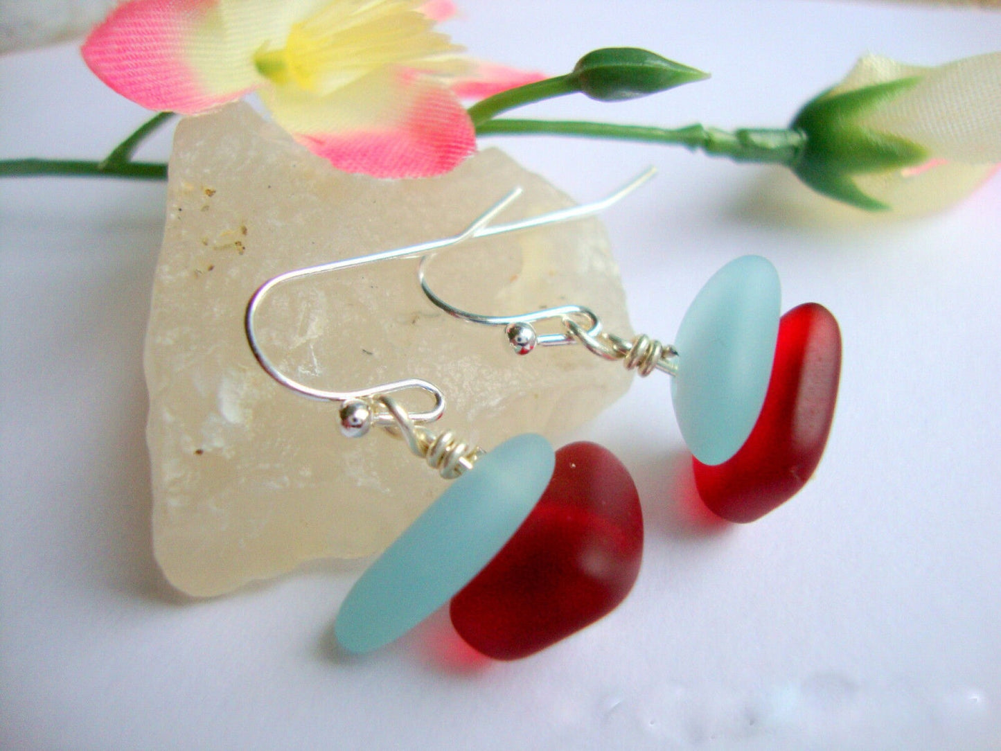 Red & Blue Frosted Sea Glass Earrings: Sterling Silver Dangle Beach Jewelry