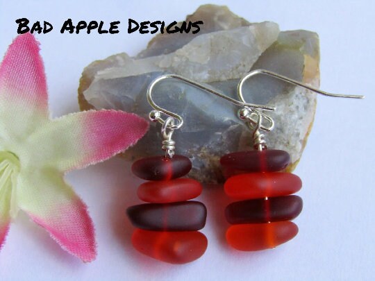 Red Sea Glass Earrings: Sterling Silver Dangle Earrings