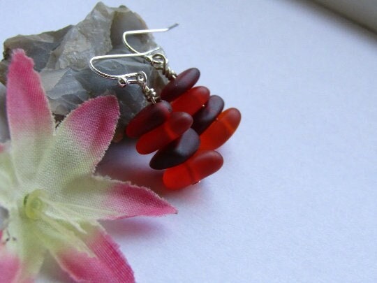 Red Sea Glass Earrings: Sterling Silver Dangle Earrings