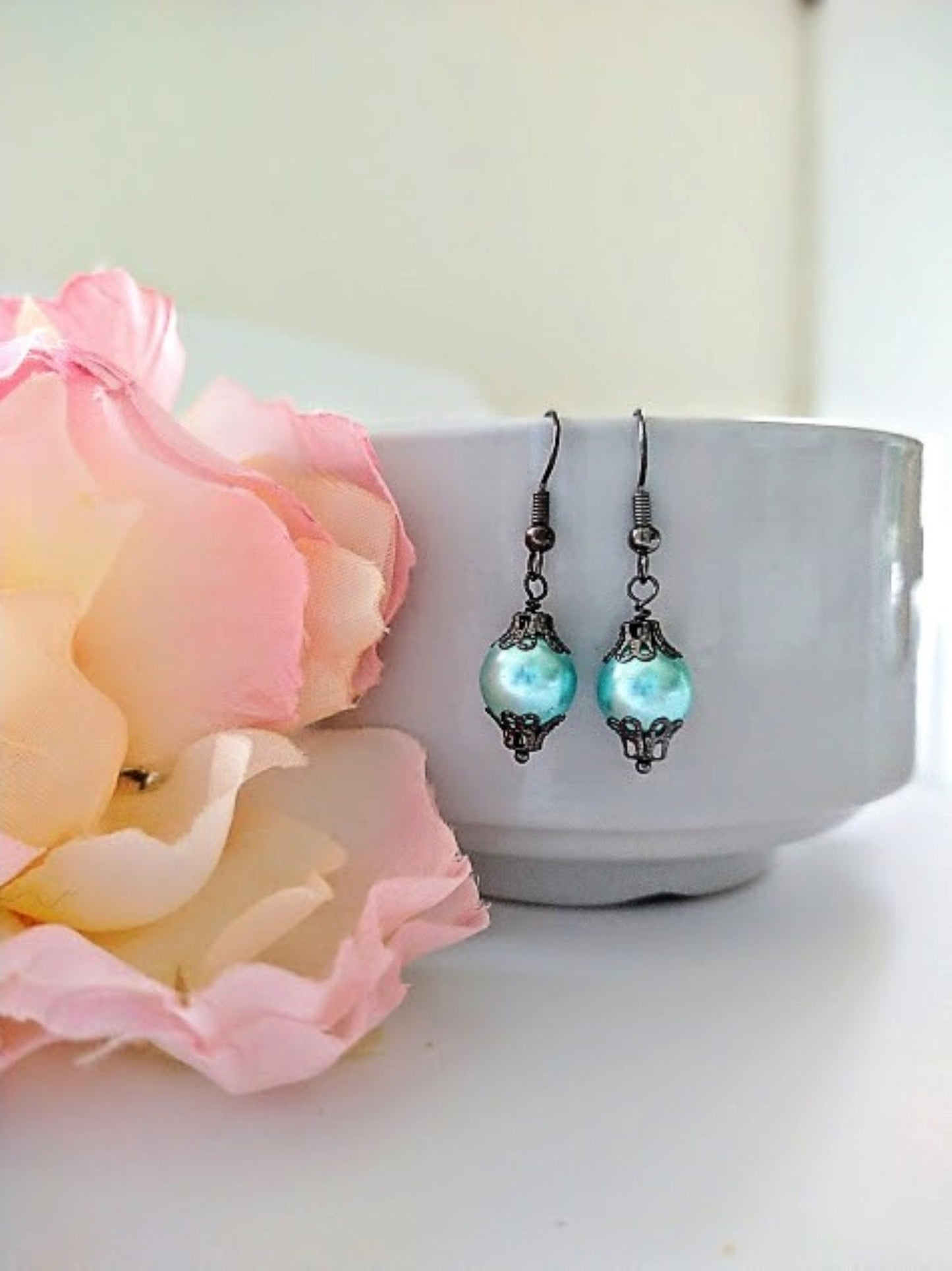 Light Blue Pearl Dangle Earrings: Gunmetal Gray, Hypoallergenic