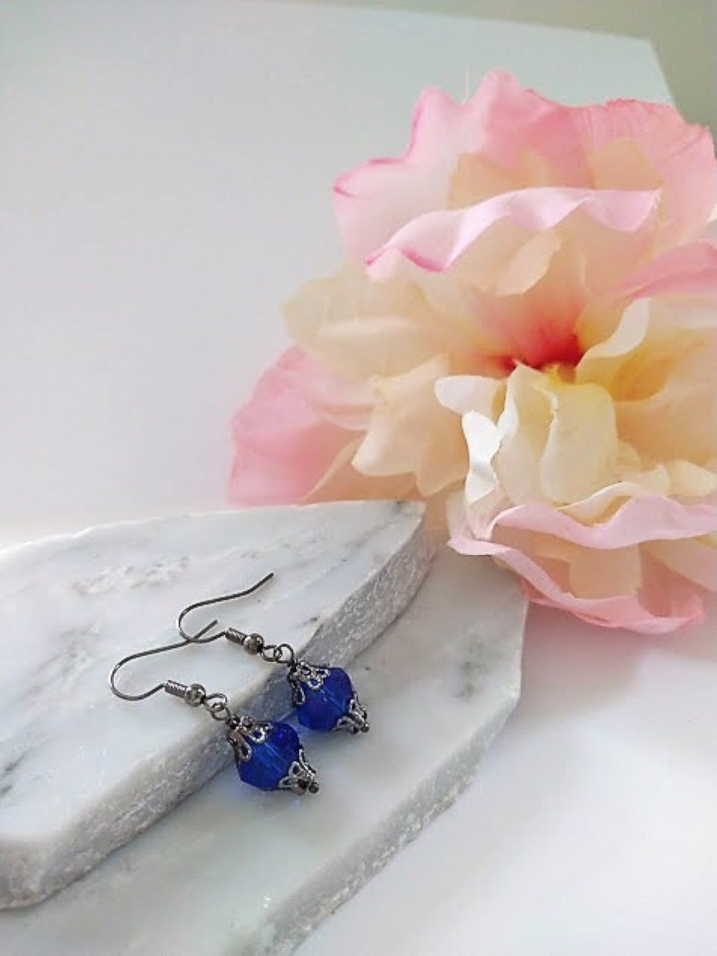 Blue Glass Dangle Earrings: Gunmetal Gray, Hypoallergenic