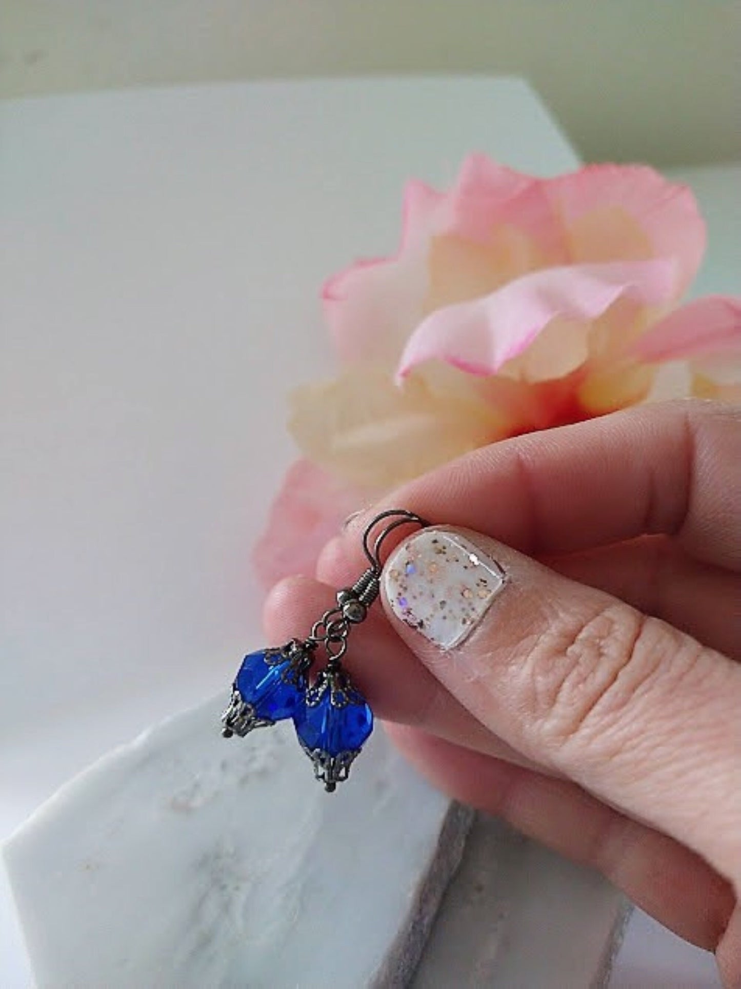 Blue Glass Dangle Earrings: Gunmetal Gray, Hypoallergenic