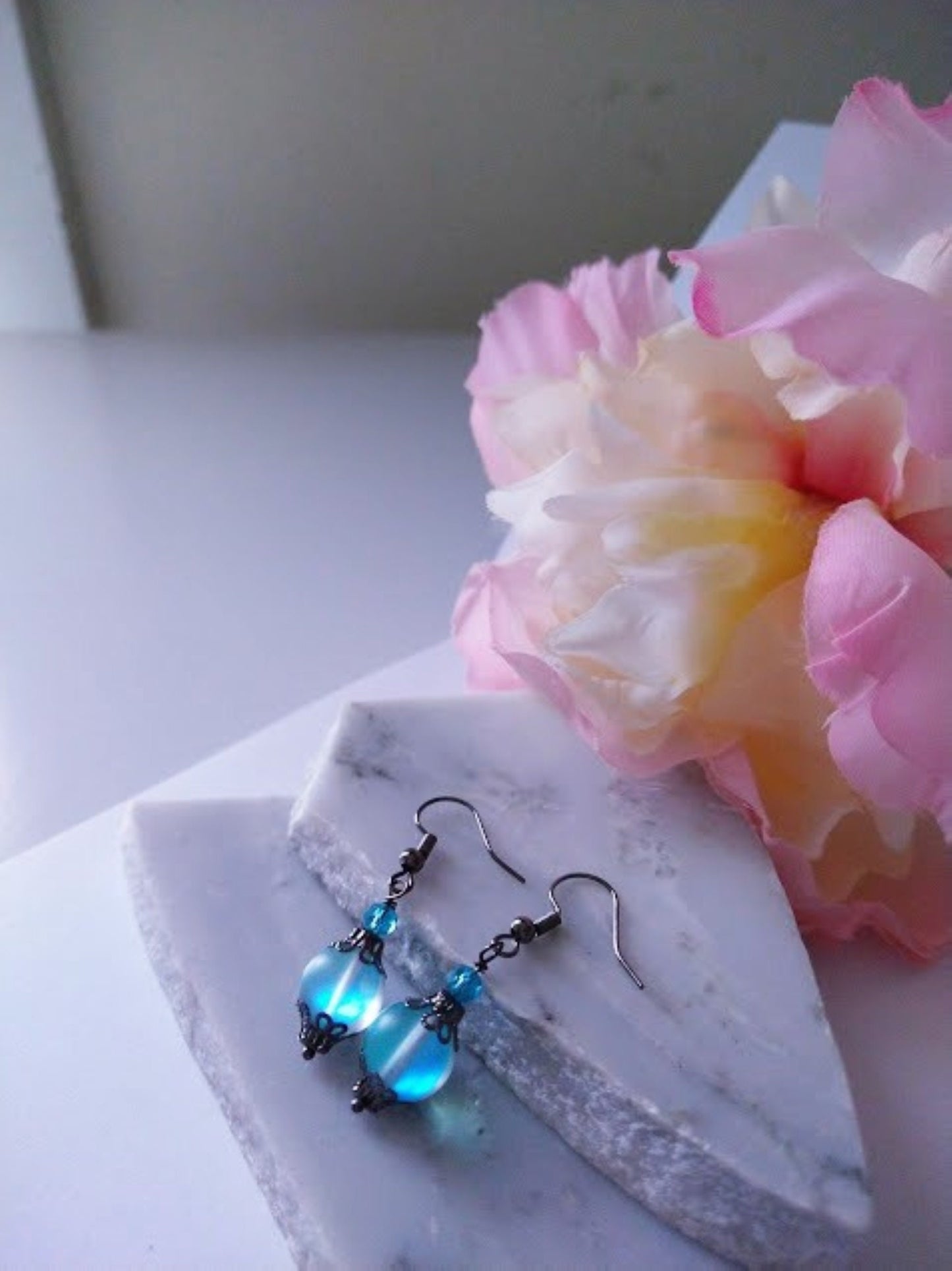 Glowing Blue Glass Dangle Earrings Gift For Her Dainty Earrings Minimalist Earrings Mermaid Glass Earrings Gemstone Jewelry