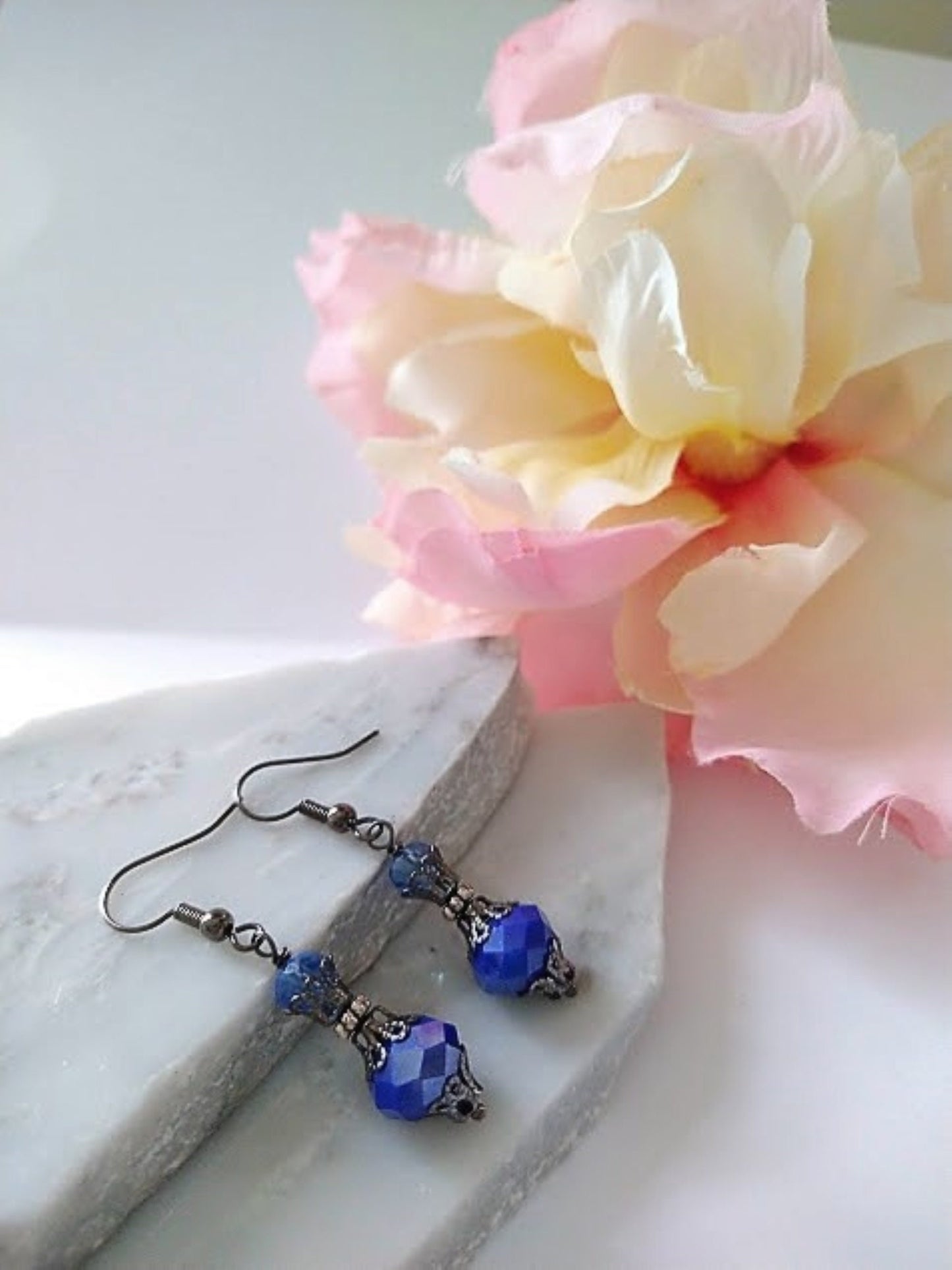 Vintage Navy Blue Glass Dangle Earrings: Gunmetal Gray Boho Jewelry