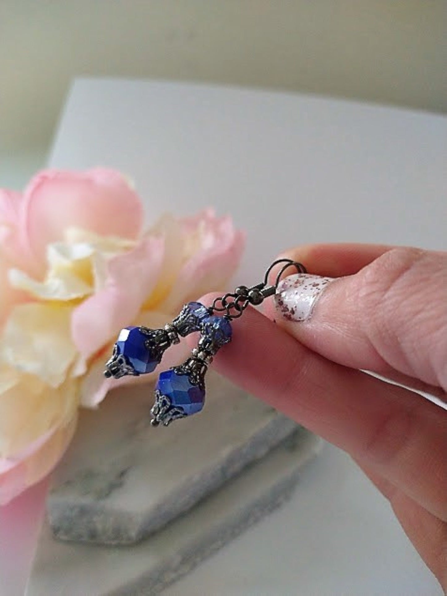 Vintage Navy Blue Glass Dangle Earrings: Gunmetal Gray Boho Jewelry
