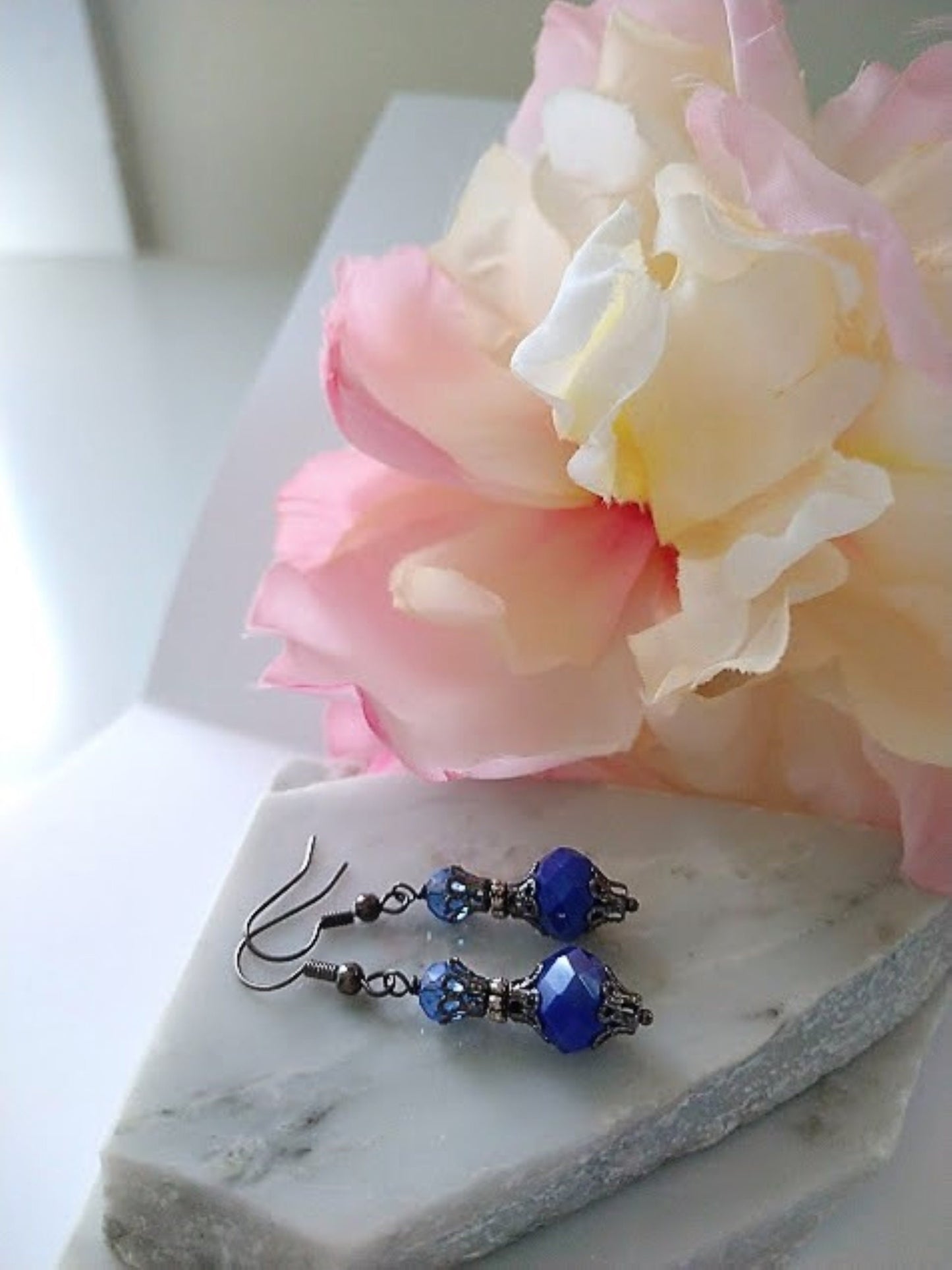 Vintage Navy Blue Glass Dangle Earrings: Gunmetal Gray Boho Jewelry