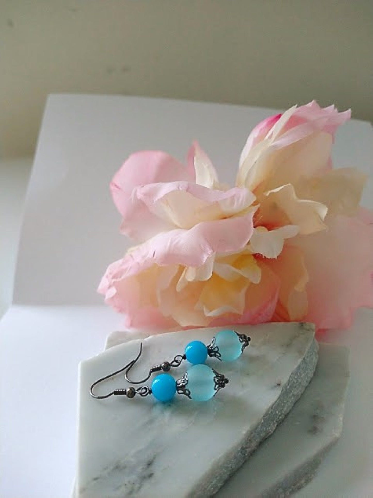 Blue Glass Dangle Earrings: Gunmetal Gray Bridal Jewelry
