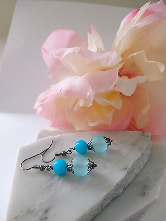 Blue Glass Dangle Earrings: Gunmetal Gray Bridal Jewelry