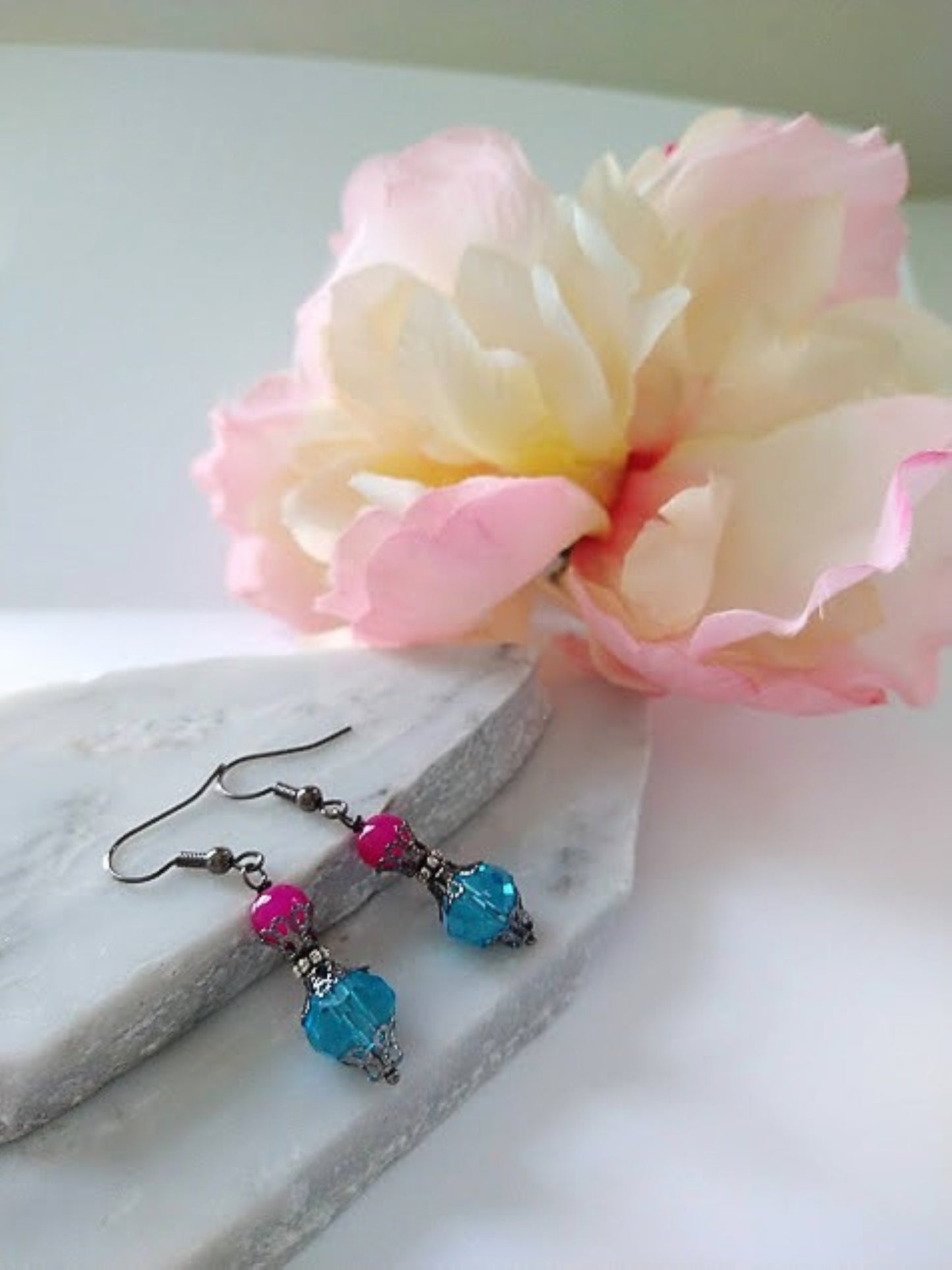 Blue Glass Dangle Earrings: Gunmetal Gray Bridesmaid Jewelry