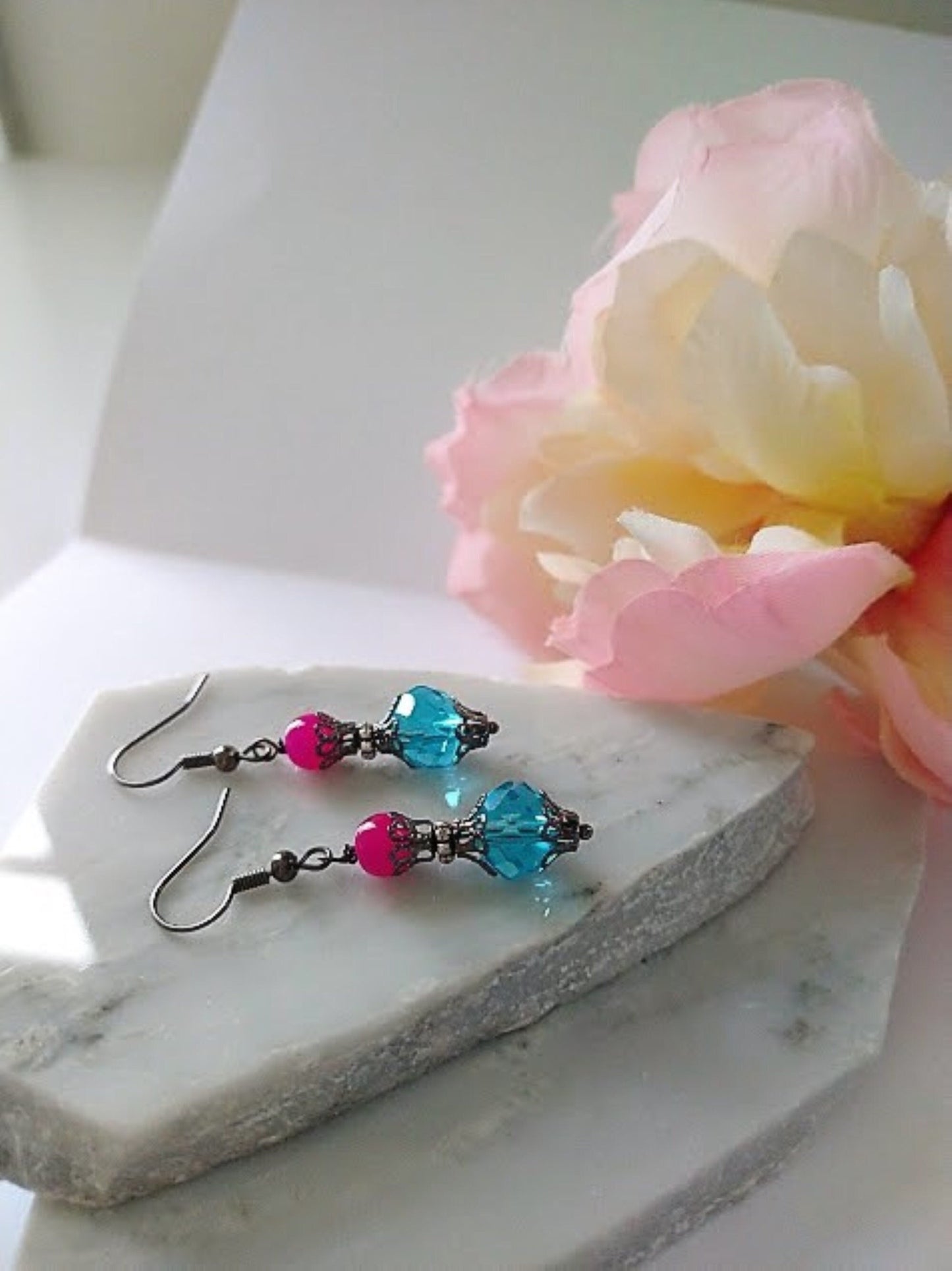 Blue Glass Dangle Earrings: Gunmetal Gray Bridesmaid Jewelry
