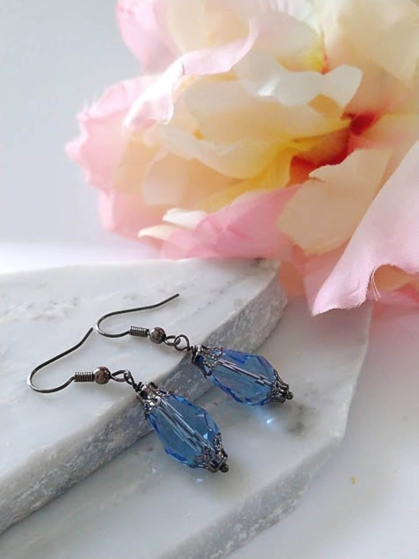 Blue Teardrop Dangle Earrings: Gunmetal Gray, Hypoallergenic