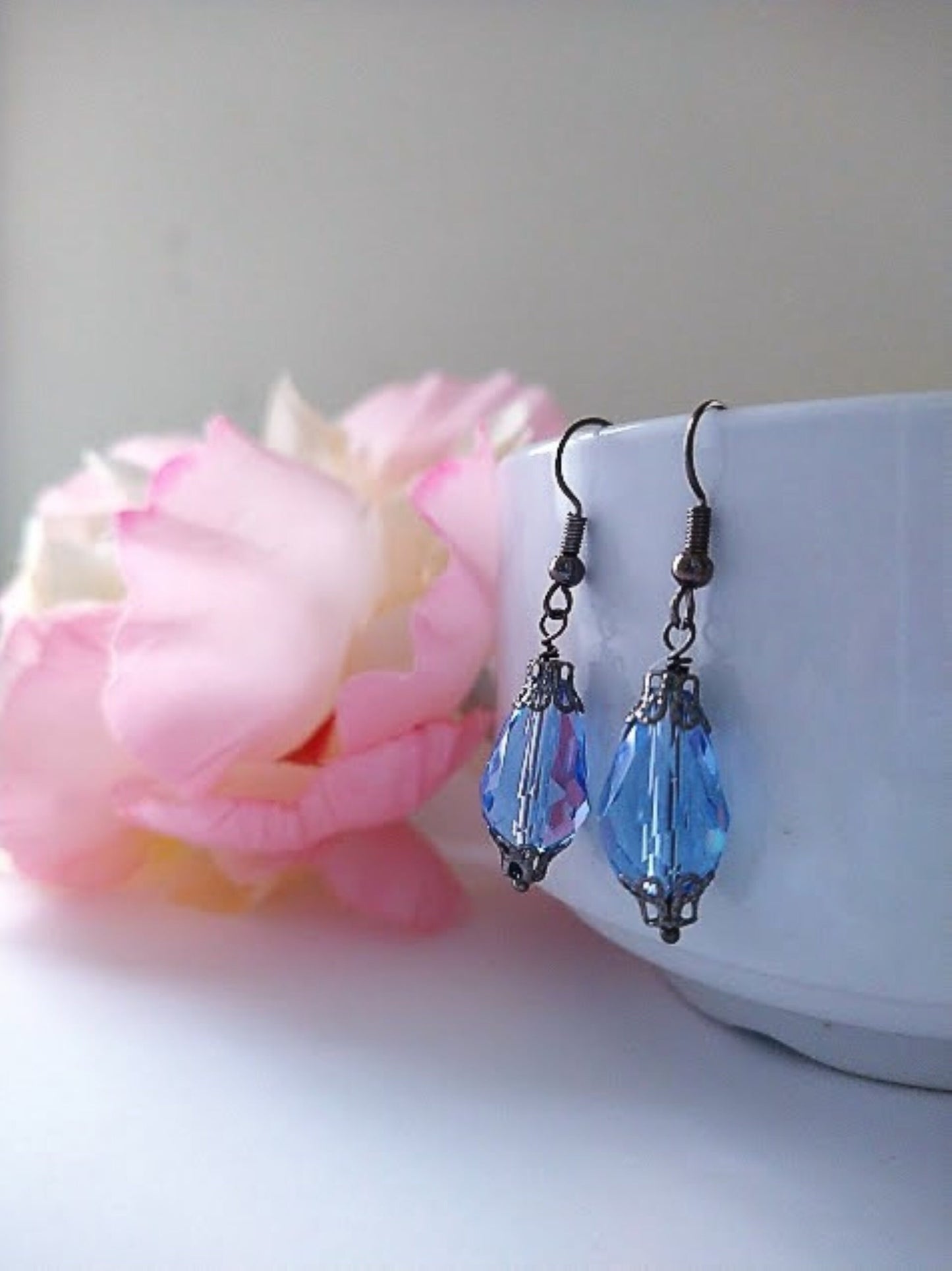 Blue Teardrop Dangle Earrings: Gunmetal Gray, Hypoallergenic