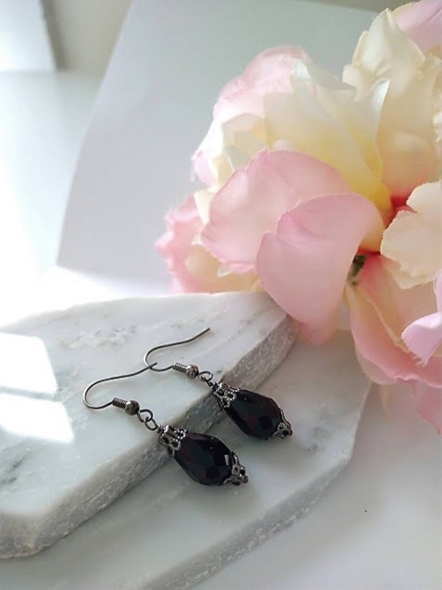 Black Teardrop Glass Dangle Earrings: Gunmetal Gray, Hypoallergenic