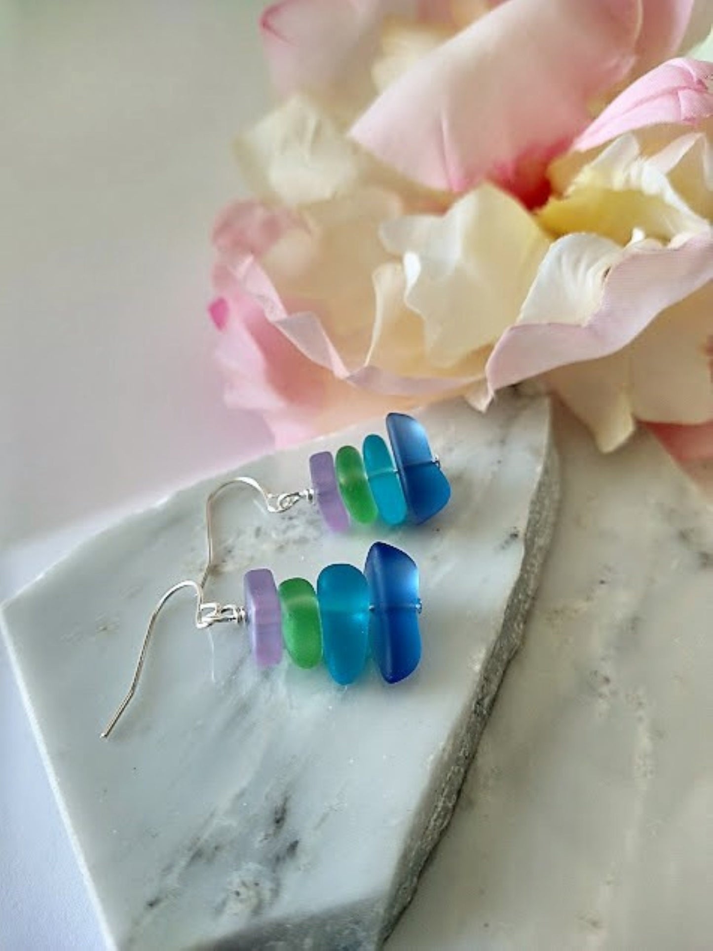 Multicolor Pebble Sea Glass Silver Ladies Dangle Earrings Seaglass Beach Jewelry Beach Wedding Gift For Her Minimalist Jewelry