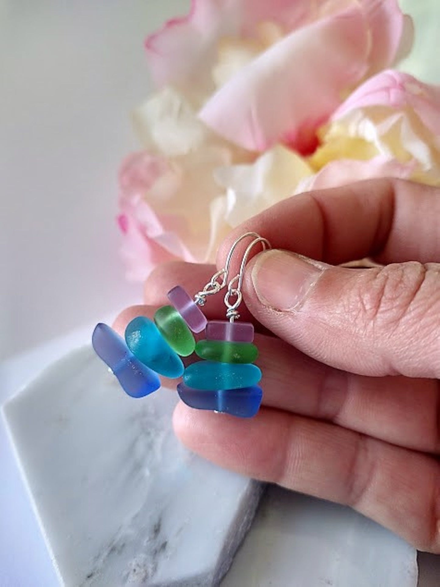 Multicolor Pebble Sea Glass Silver Ladies Dangle Earrings Seaglass Beach Jewelry Beach Wedding Gift For Her Minimalist Jewelry