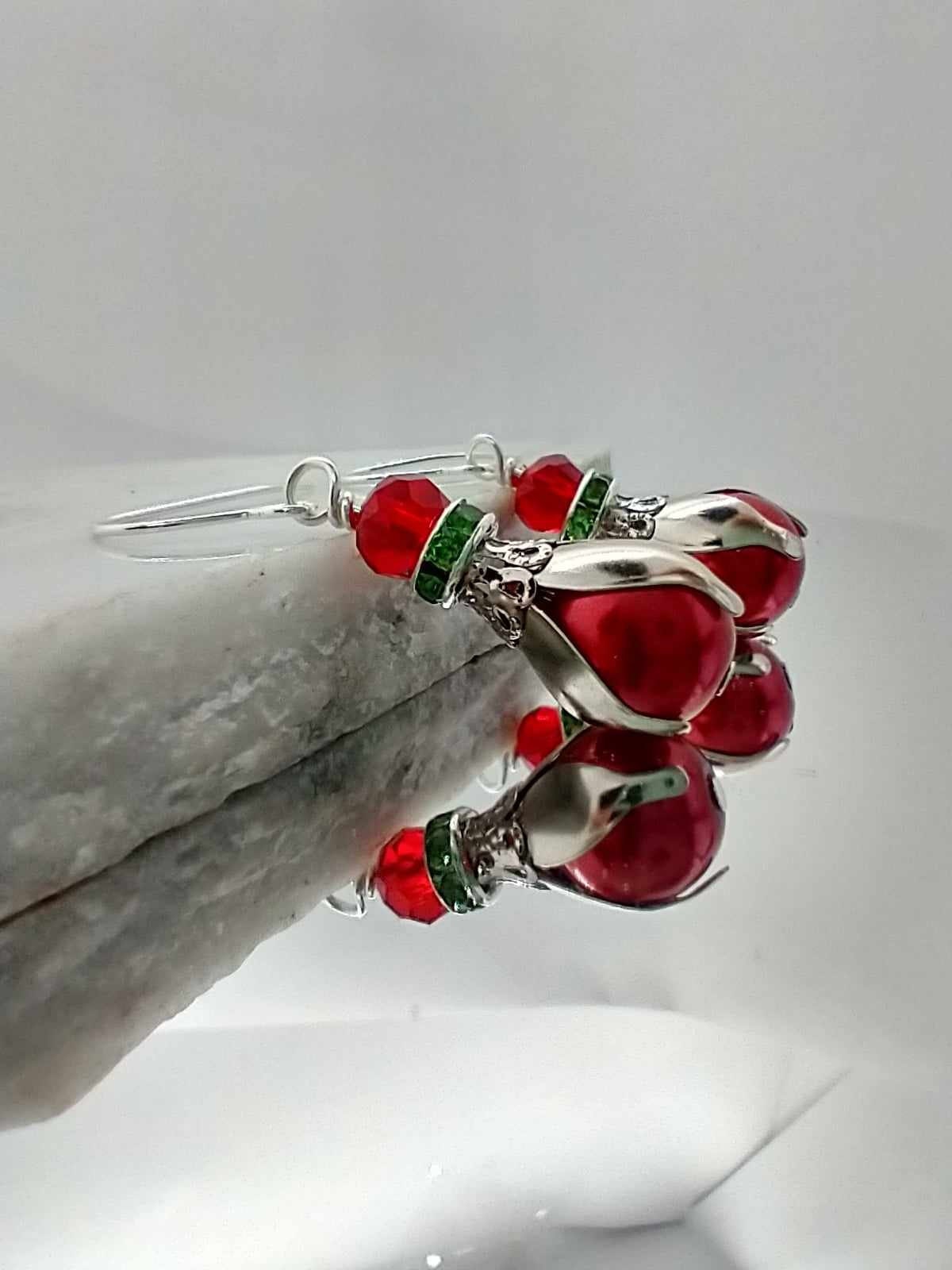 Red Pearl Christmas Earrings | Green Accent Holiday Jewelry