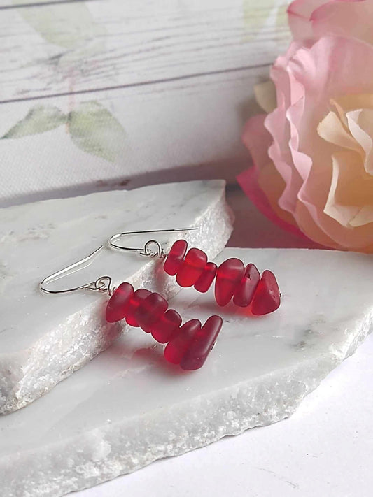Red Frosted Sea Glass Earrings: Sterling Silver Dangle Beach Jewelry