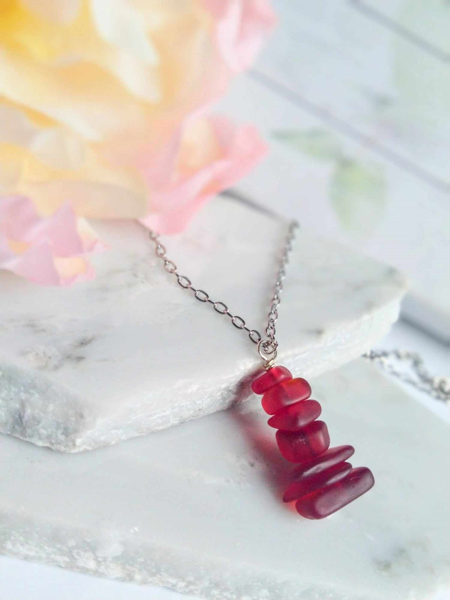 Red Sea Glass Necklace: Stacked Pendant, Stainless Steel Chain