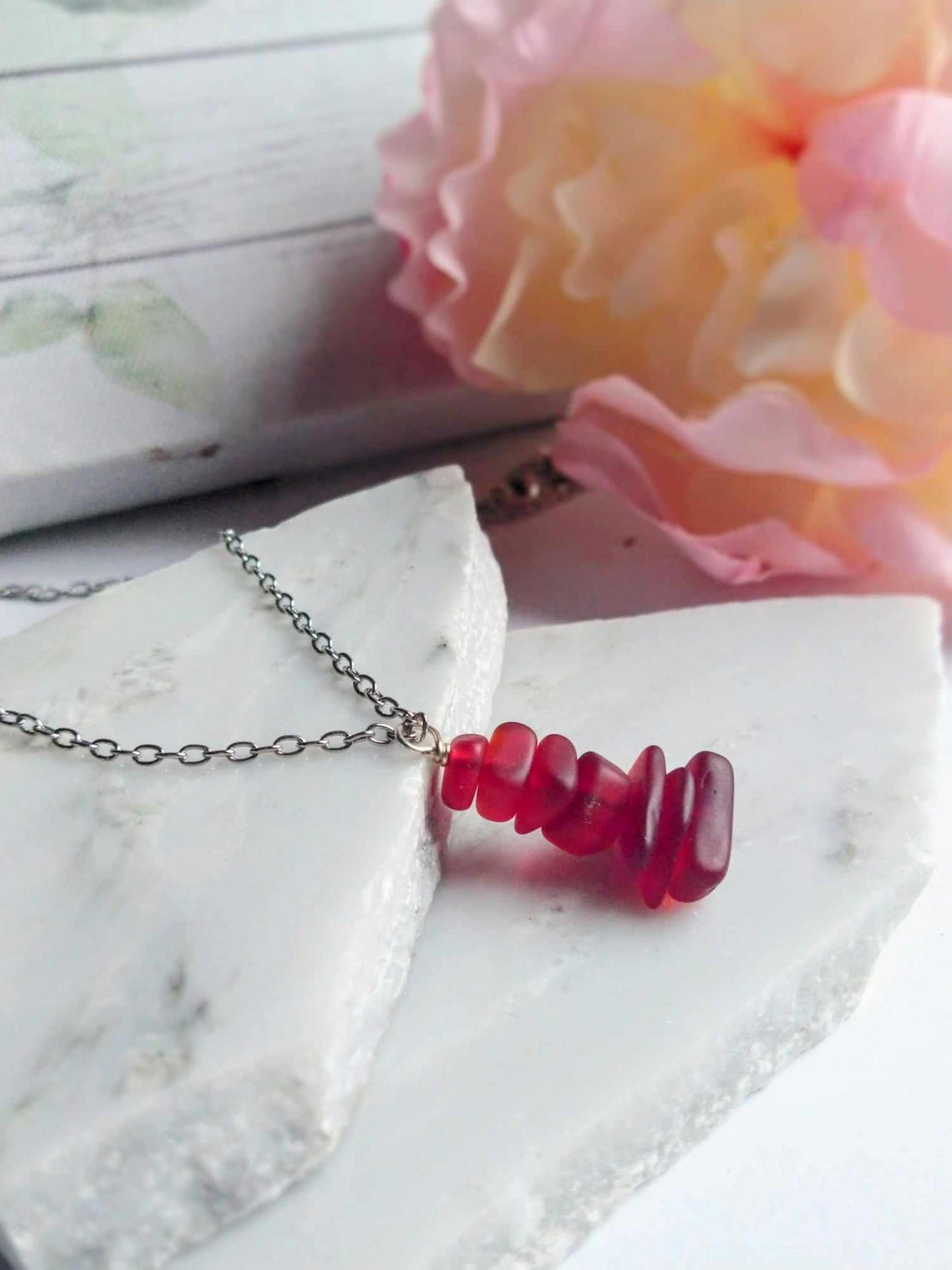 Red Sea Glass Necklace: Stacked Pendant, Stainless Steel Chain