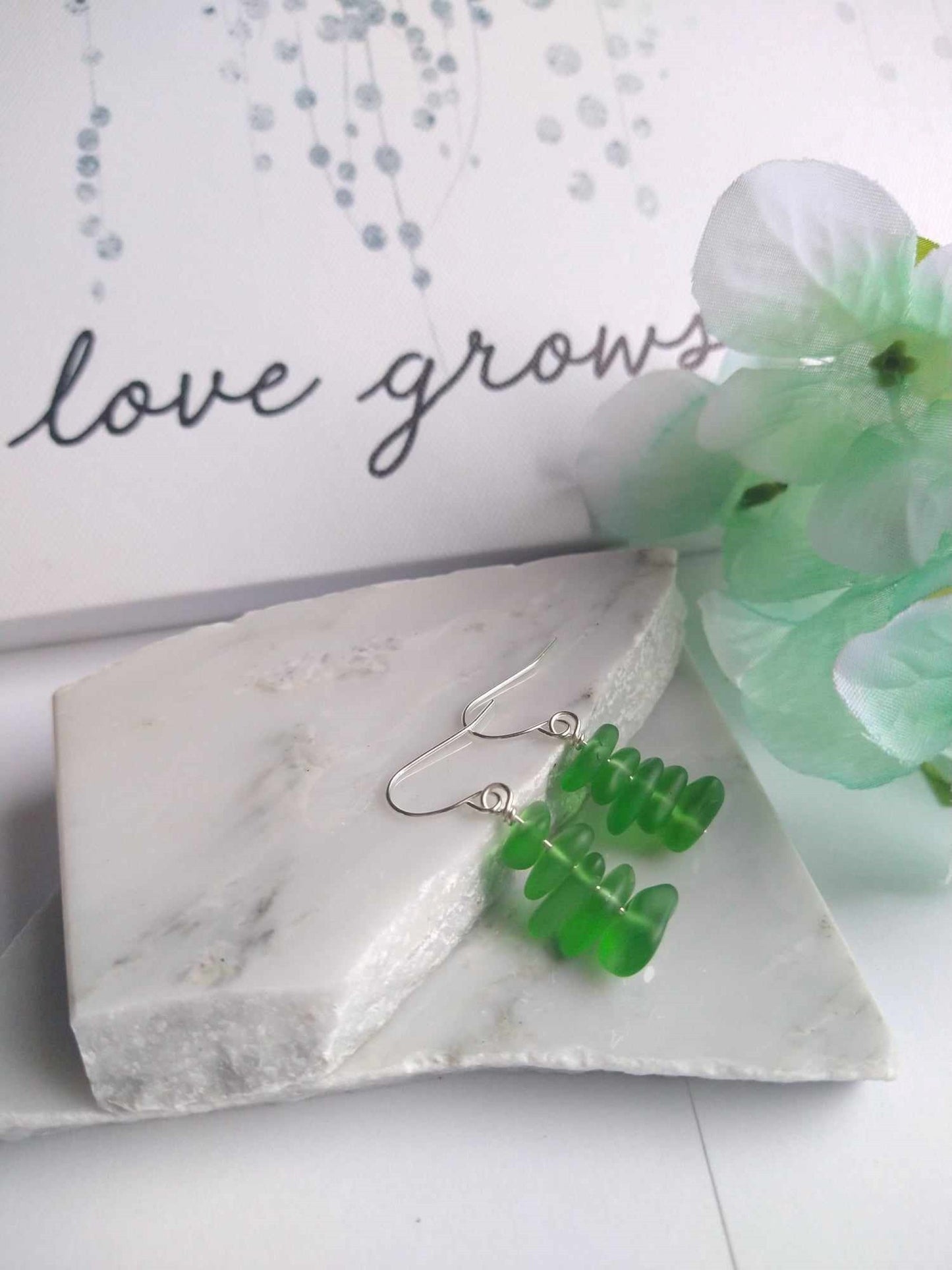 Minimalist Green Sea Glass Earrings - Seaglass Beach Jewelry - Silver Dangles Gift For Her Beach Wedding August Birthstone Earrings