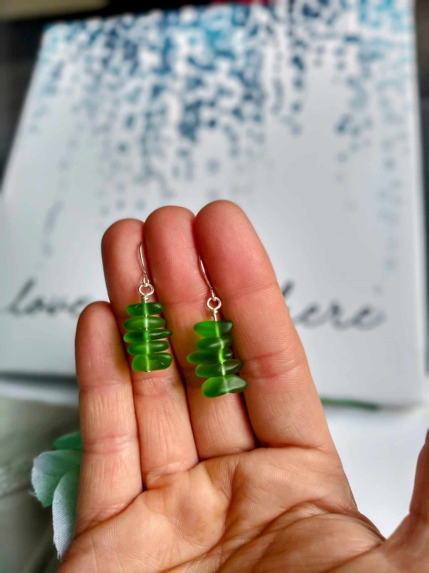 Minimalist Green Sea Glass Earrings - Seaglass Beach Jewelry - Silver Dangles Gift For Her Beach Wedding August Birthstone Earrings