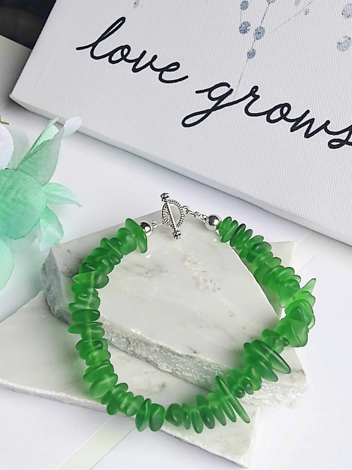 Green Sea Glass Bracelet: Sterling Silver Toggle Clasp, Beach Wedding Jewelry