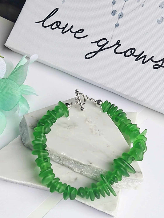 Green Sea Glass Bracelet: Sterling Silver Toggle Clasp, Beach Wedding Jewelry