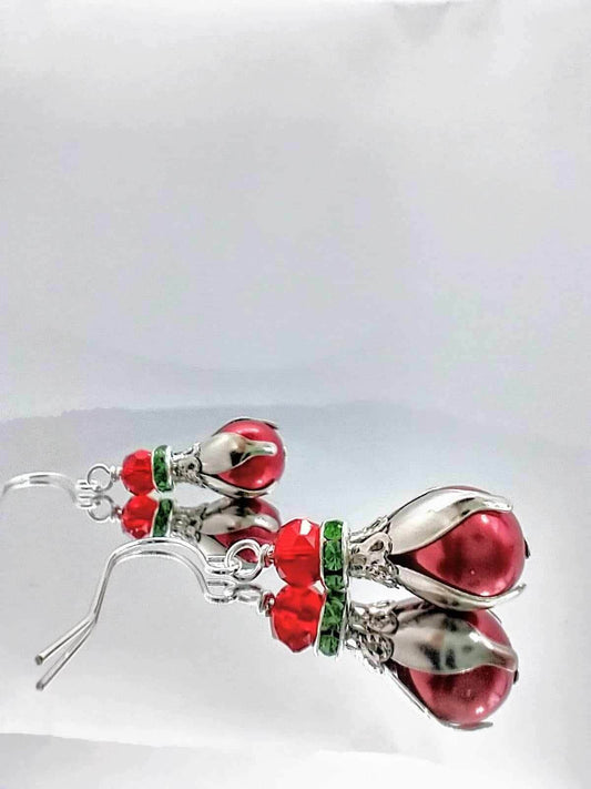 Red Pearl Sterling Silver Earrings: Frosted Glass, Green Crystal Accents