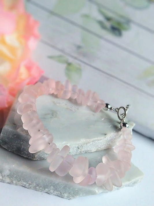 Pink Sea Glass Bracelet: Sterling Silver Toggle Clasp, Beach Wedding Jewelry
