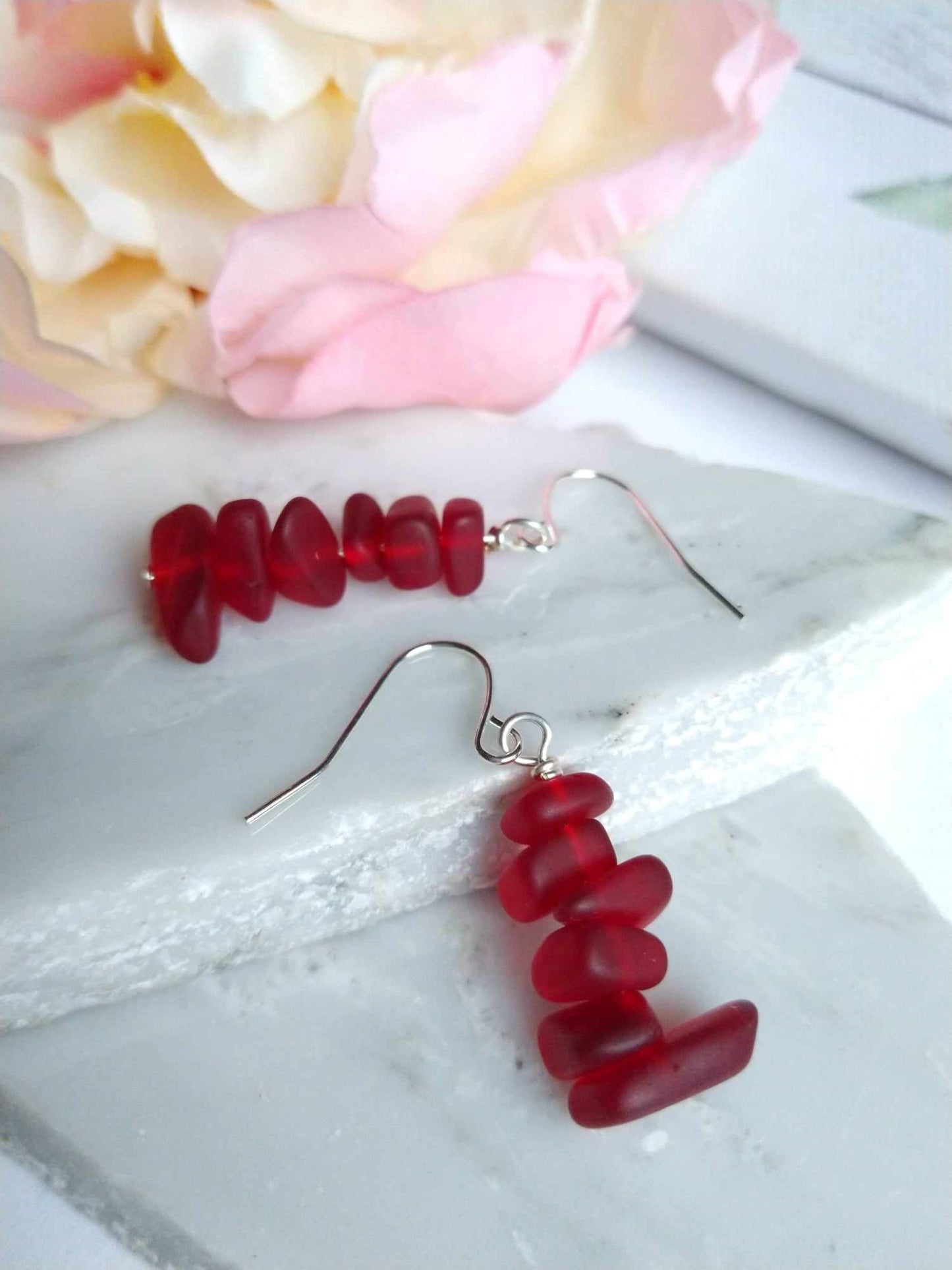 Red Frosted Sea Glass Earrings: Sterling Silver Dangle Beach Jewelry