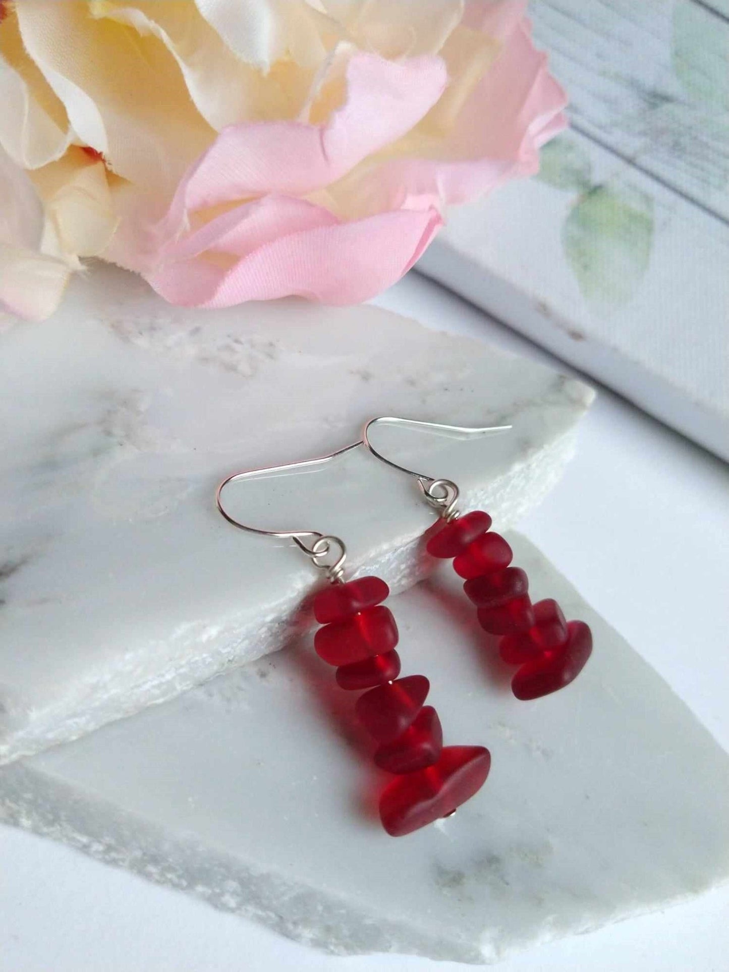 Red Frosted Sea Glass Earrings: Sterling Silver Dangle Beach Jewelry