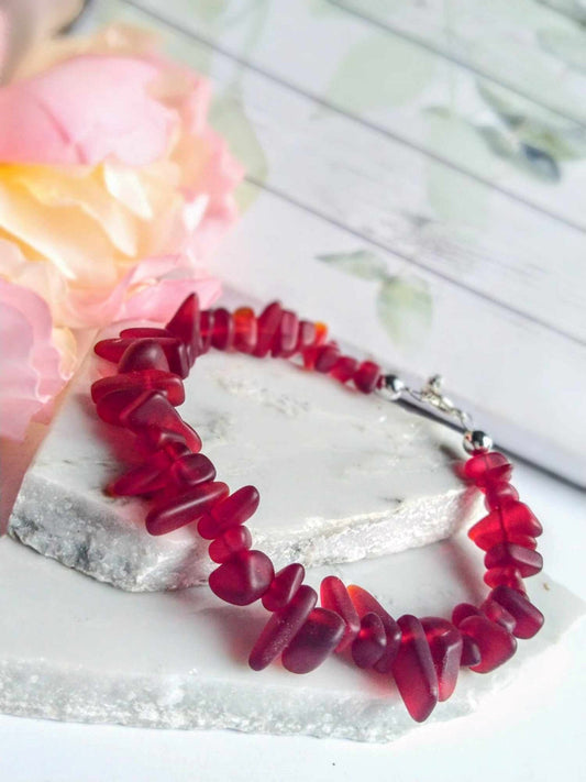 Red Sea Glass Bracelet: Sterling Silver Toggle Clasp, Beach Wedding Jewelry