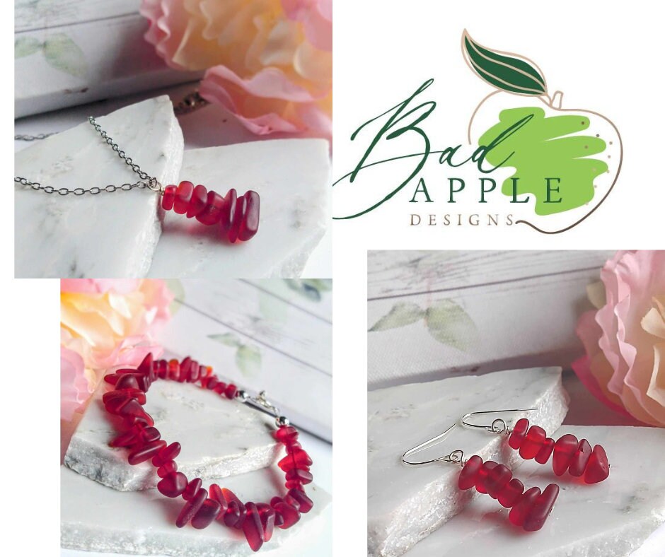 Red Frosted Sea Glass Earrings: Sterling Silver Dangle Beach Jewelry