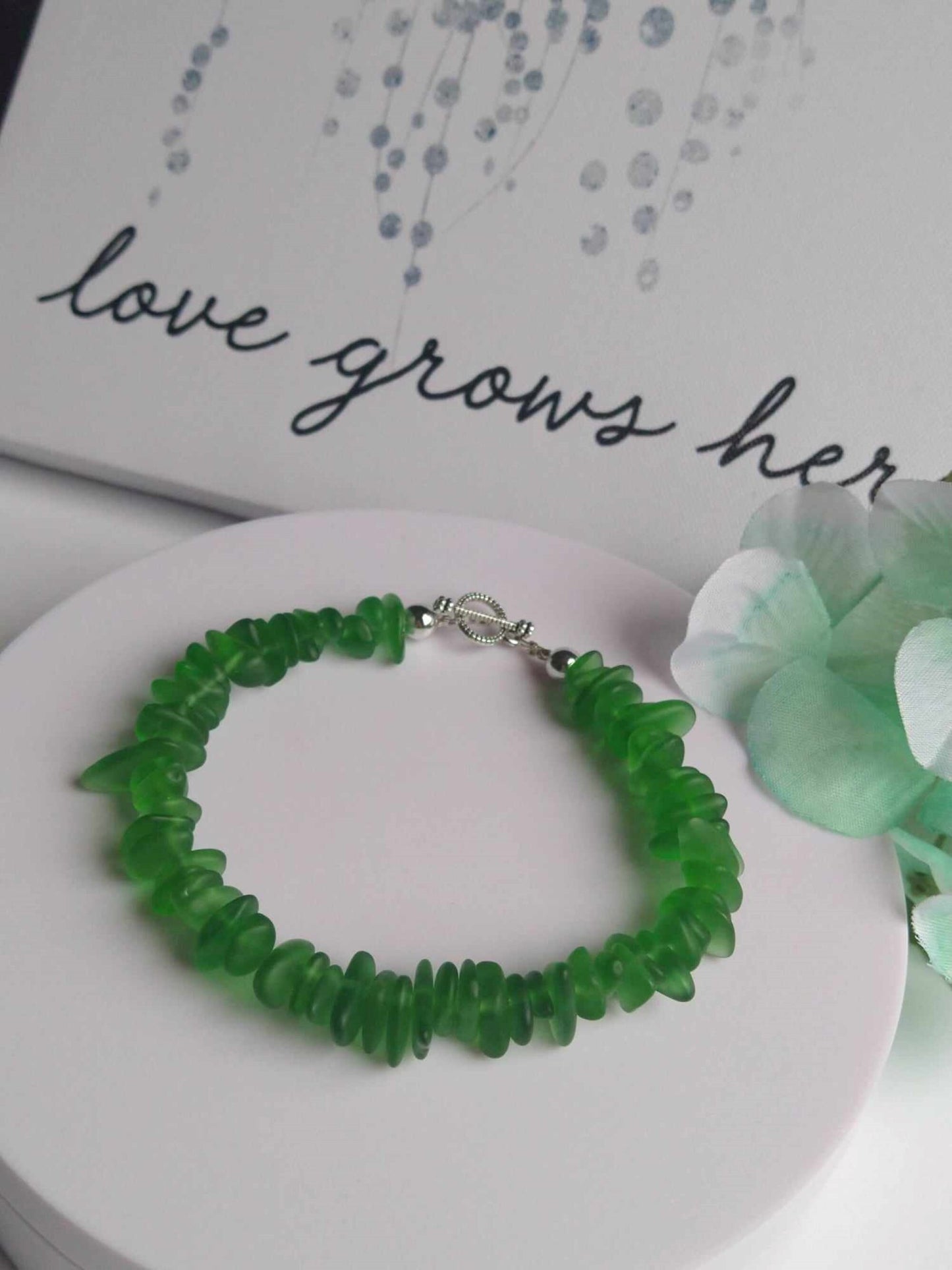 Green Sea Glass Bracelet: Sterling Silver Toggle Clasp, Beach Wedding Jewelry