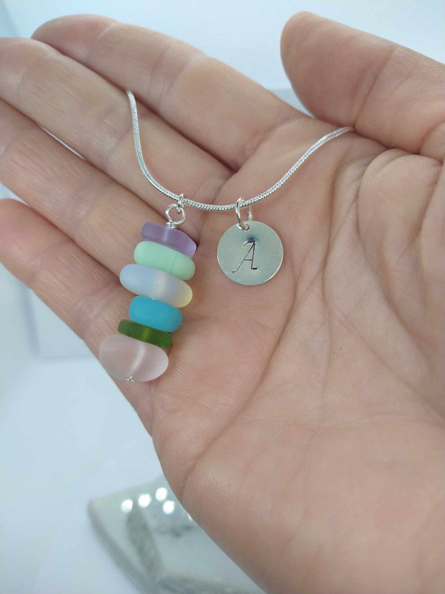 Personalized Sea Glass Necklace: Initial Charm, Mermaid Accent