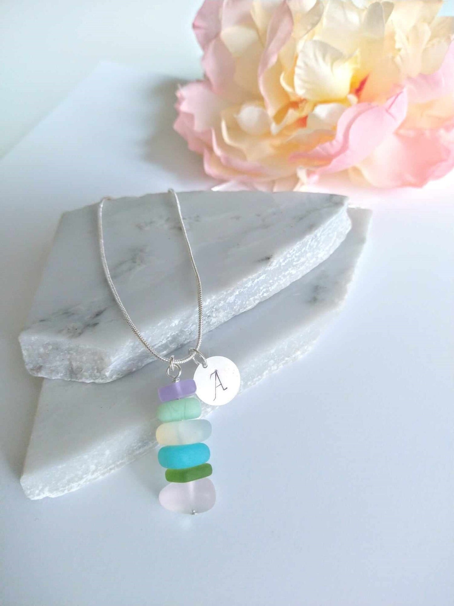 Personalized Sea Glass Necklace: Initial Charm, Mermaid Accent