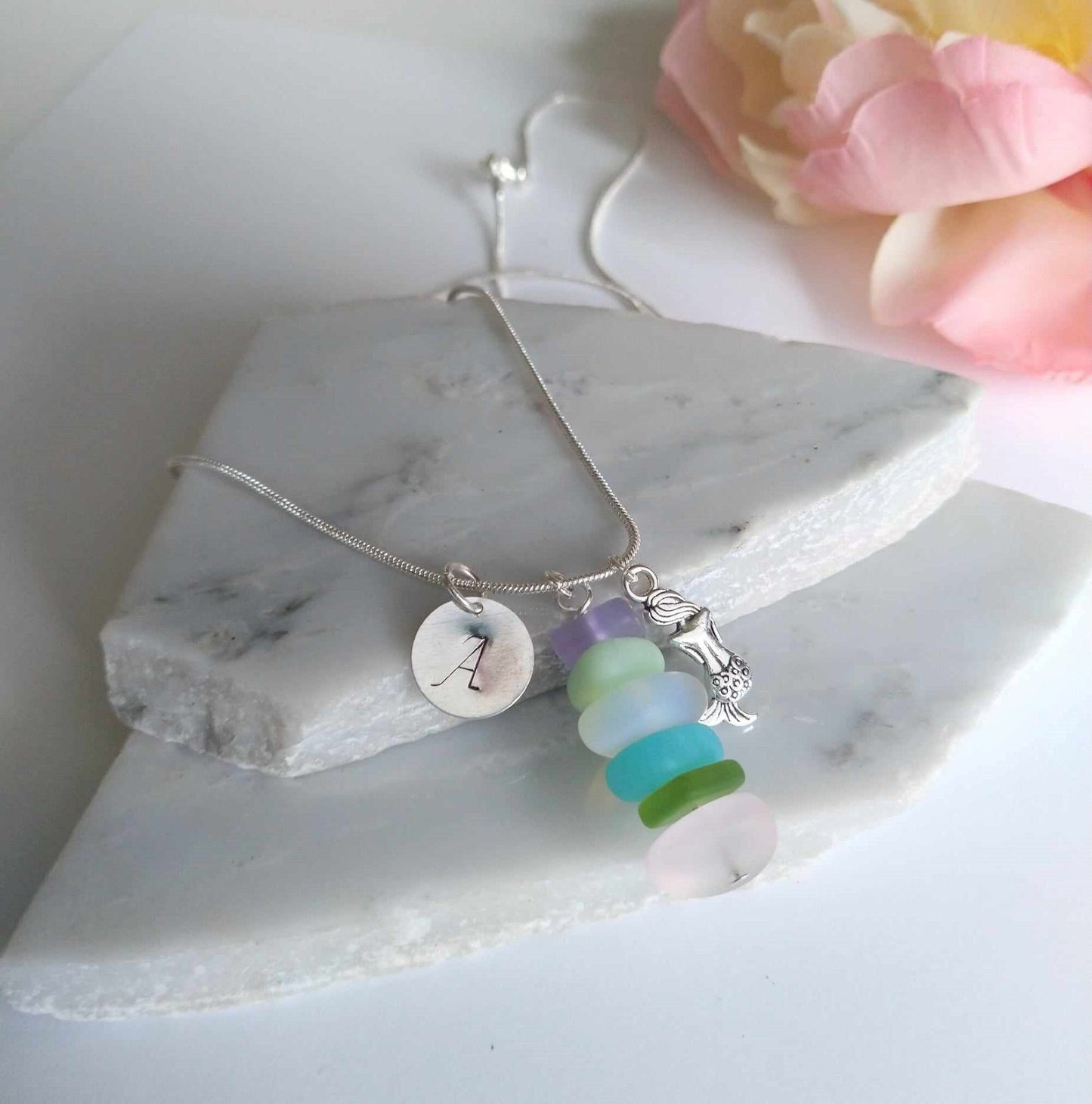 Personalized Sea Glass Necklace: Initial Charm, Mermaid Accent
