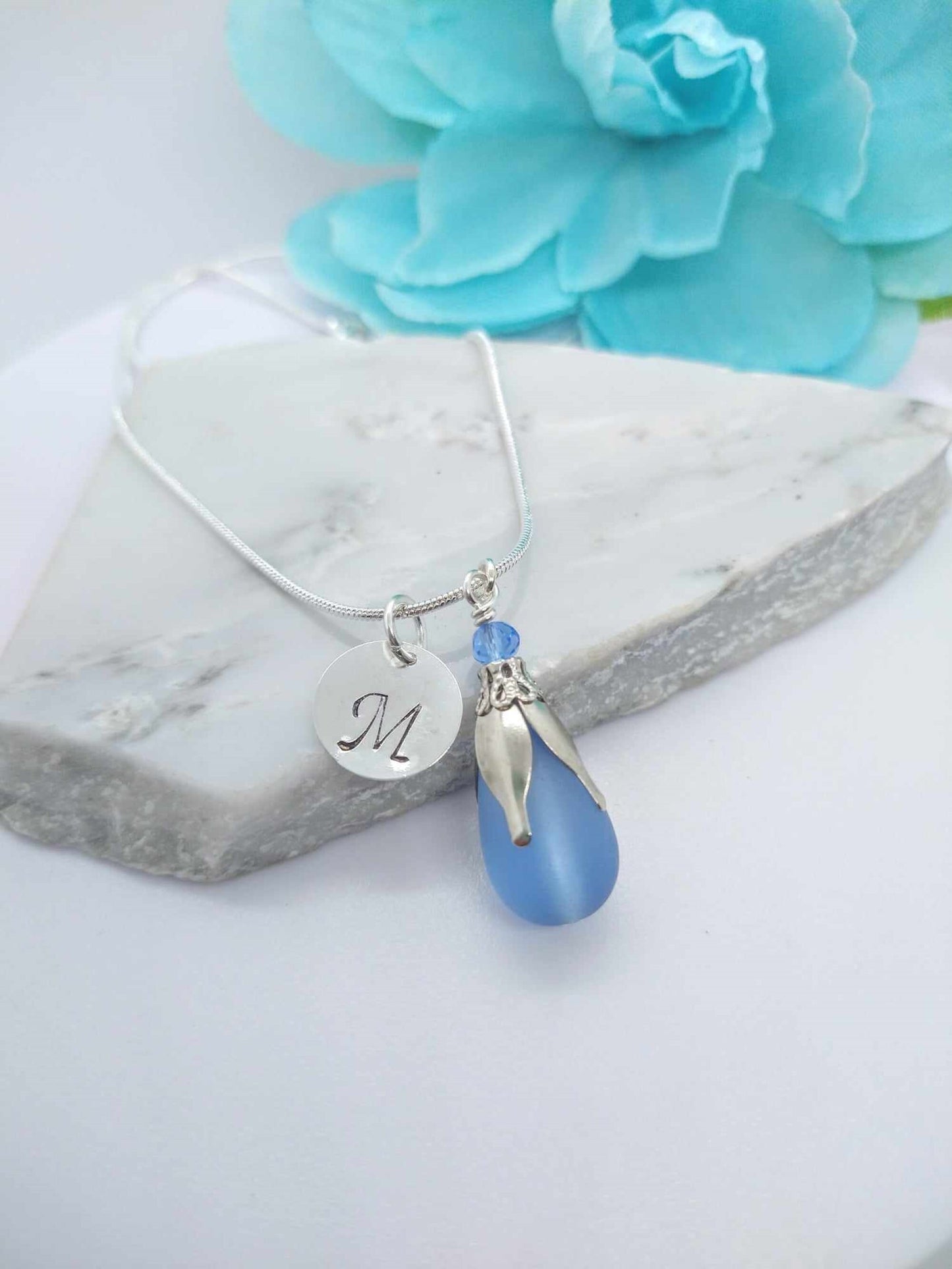 Personalized Sea Glass Necklace: Initial Charm, Beach Jewelry