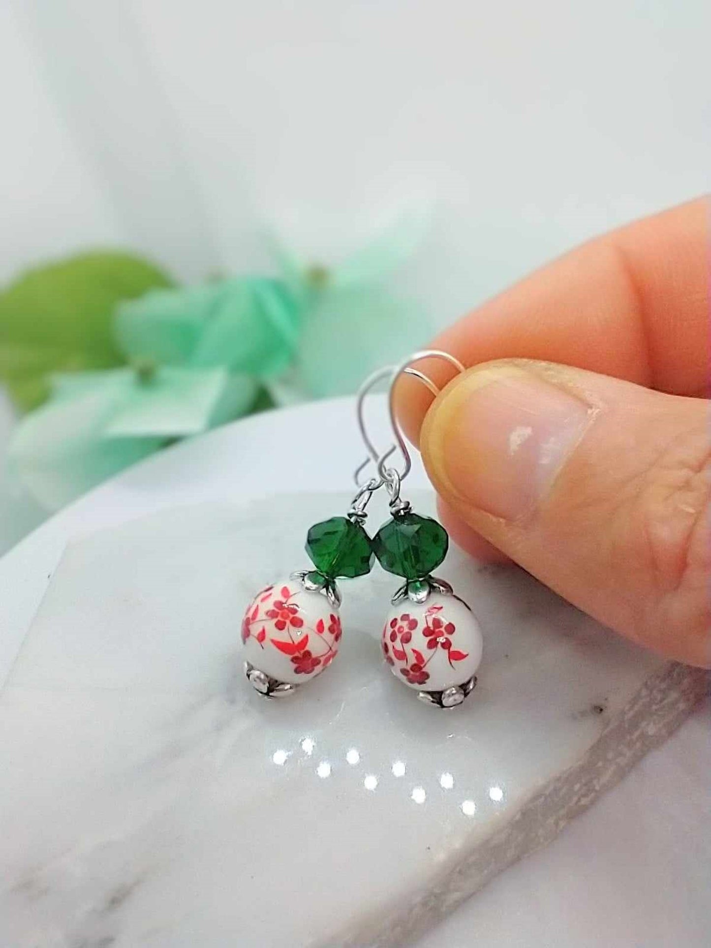Red Floral Christmas Earrings: Silver Plated Dangle Earrings