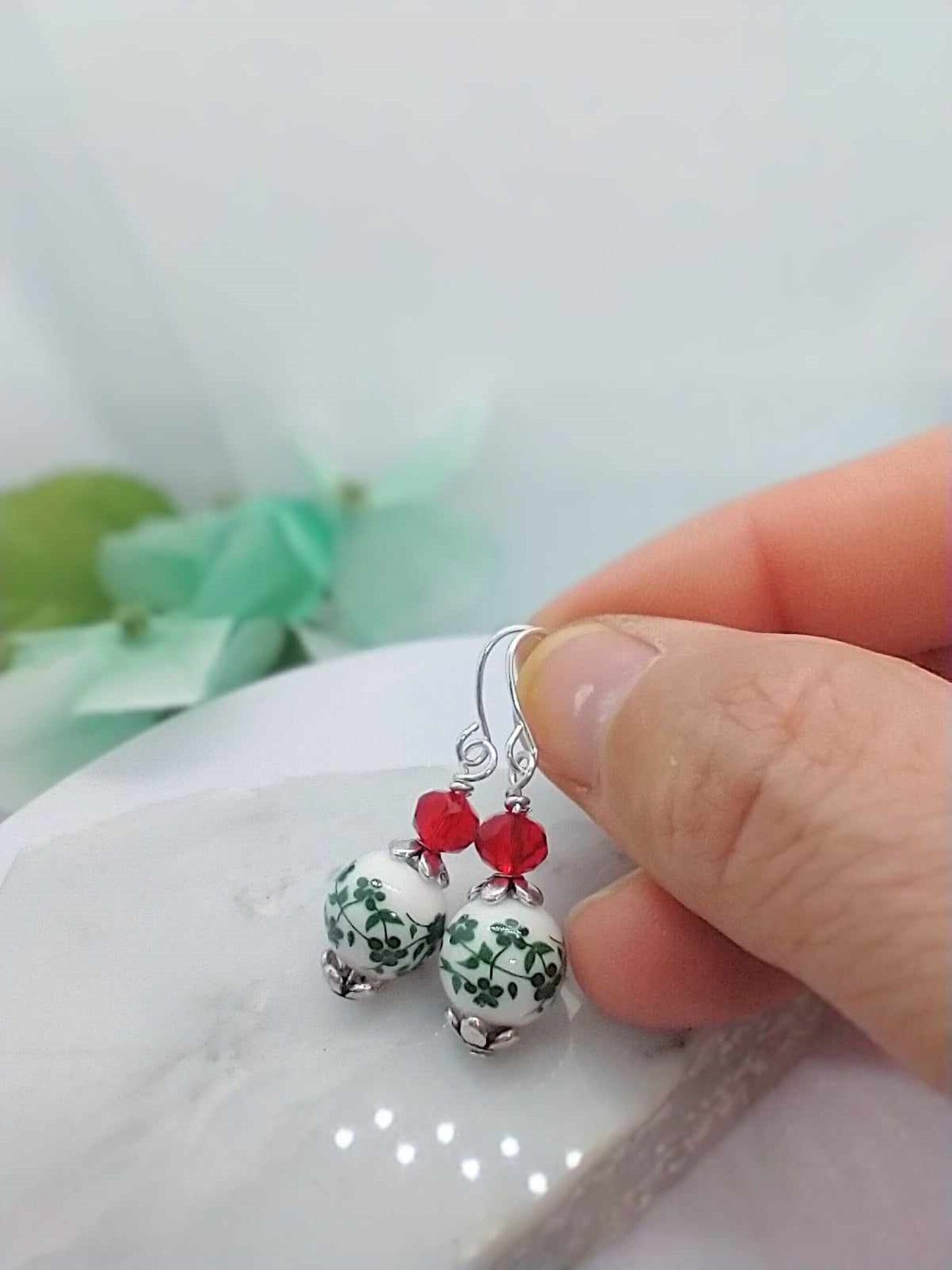 Handmade Christmas Earrings | Red Crystal Floral Dangle