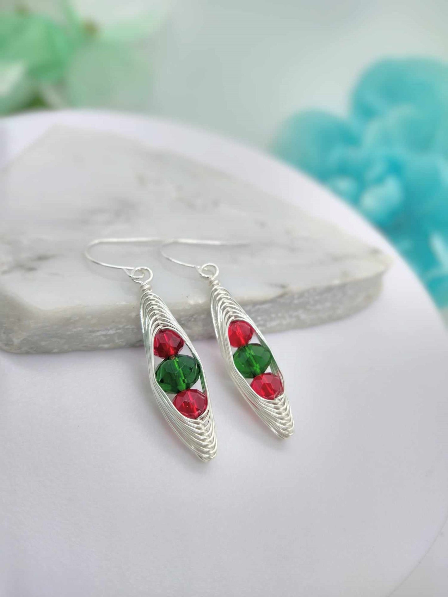Wire Braided Christmas Dangle Earrings: Red & Green Glass