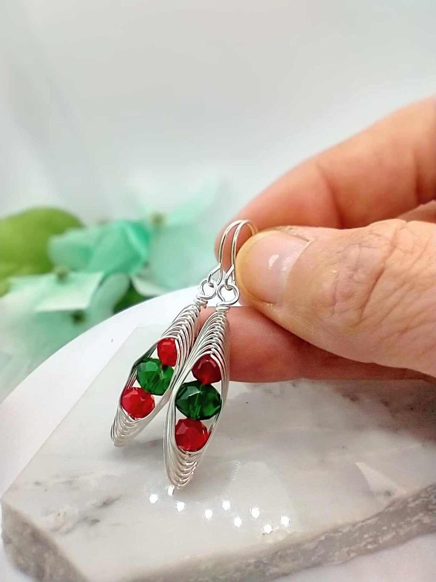 Wire Braided Christmas Dangle Earrings: Red & Green Glass